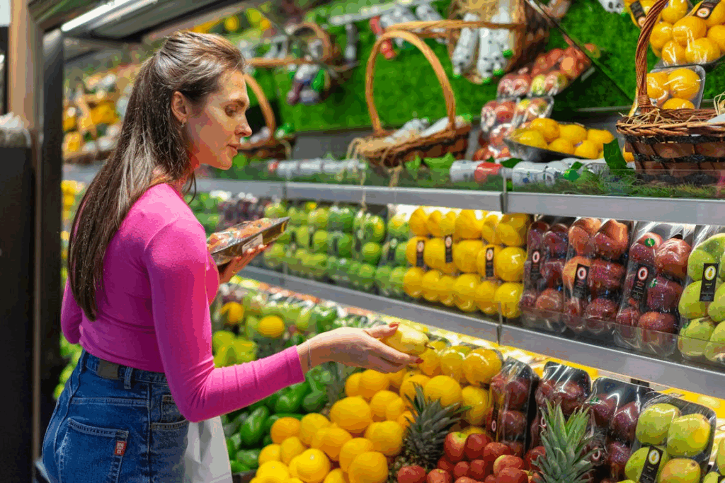 Shopper examining fruit produce at a grocery store during weather-related price changes.