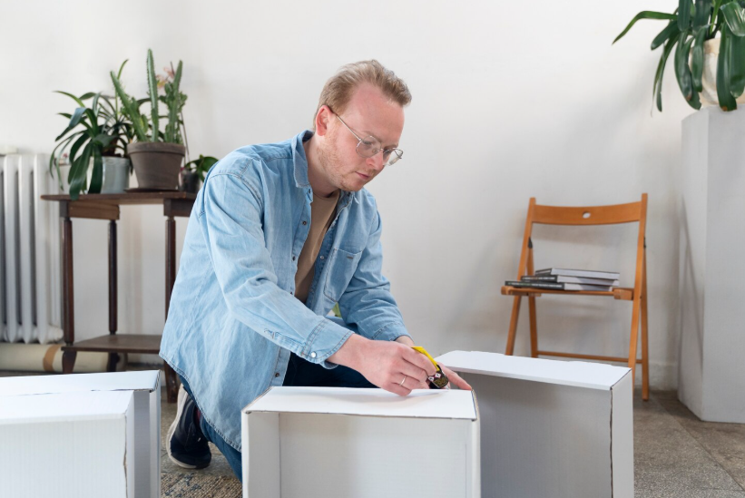 Man creating storage from boxes illustrating a use what you have mindset.
